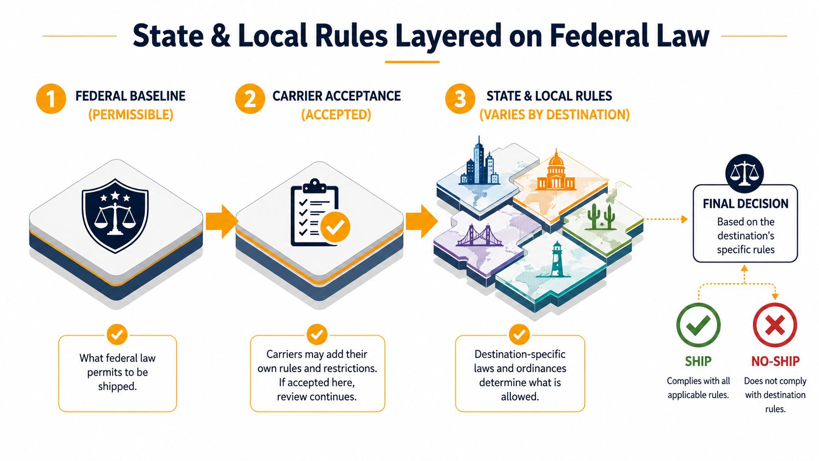 A diagram illustrating how federal, carrier, and state regulations impact the decision to ship goods.