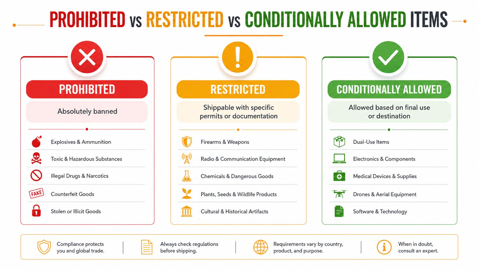 An infographic detailing the differences between prohibited, restricted, and conditionally allowed items for international shipping procedures.