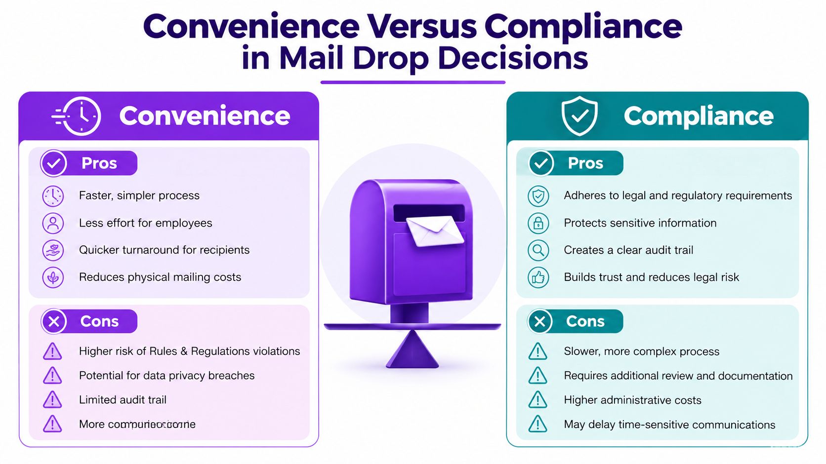 An infographic comparing the pros and cons of convenience versus compliance in organizational mail drop decisions.