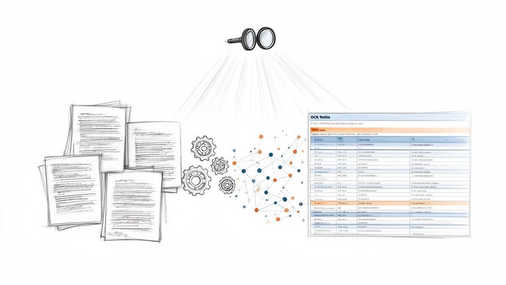 Magnifying glass scanning physical documents into digital data with gears and a network, forming an OCR invoice.