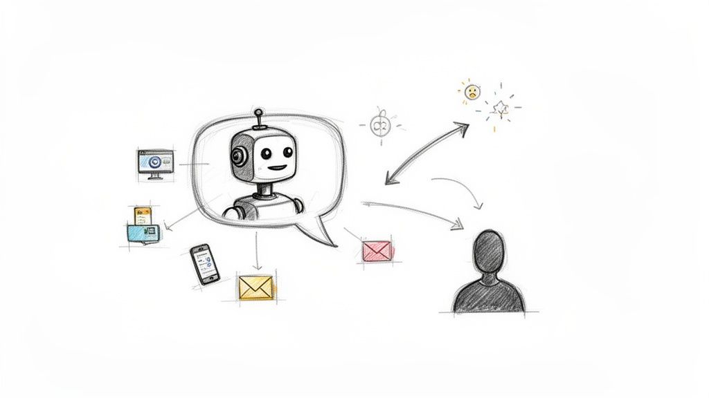 A sketch showing a chatbot interacting with a human, utilizing various digital communication channels.
