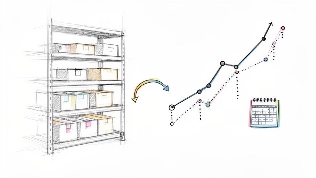 Illustration of a warehouse inventory leading to business growth represented by a graph and calendar.
