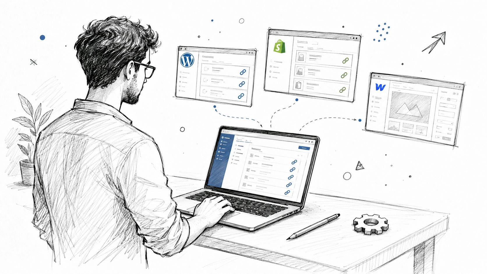 A professional working on a laptop connecting various website platforms through an automated internal linking strategy interface.