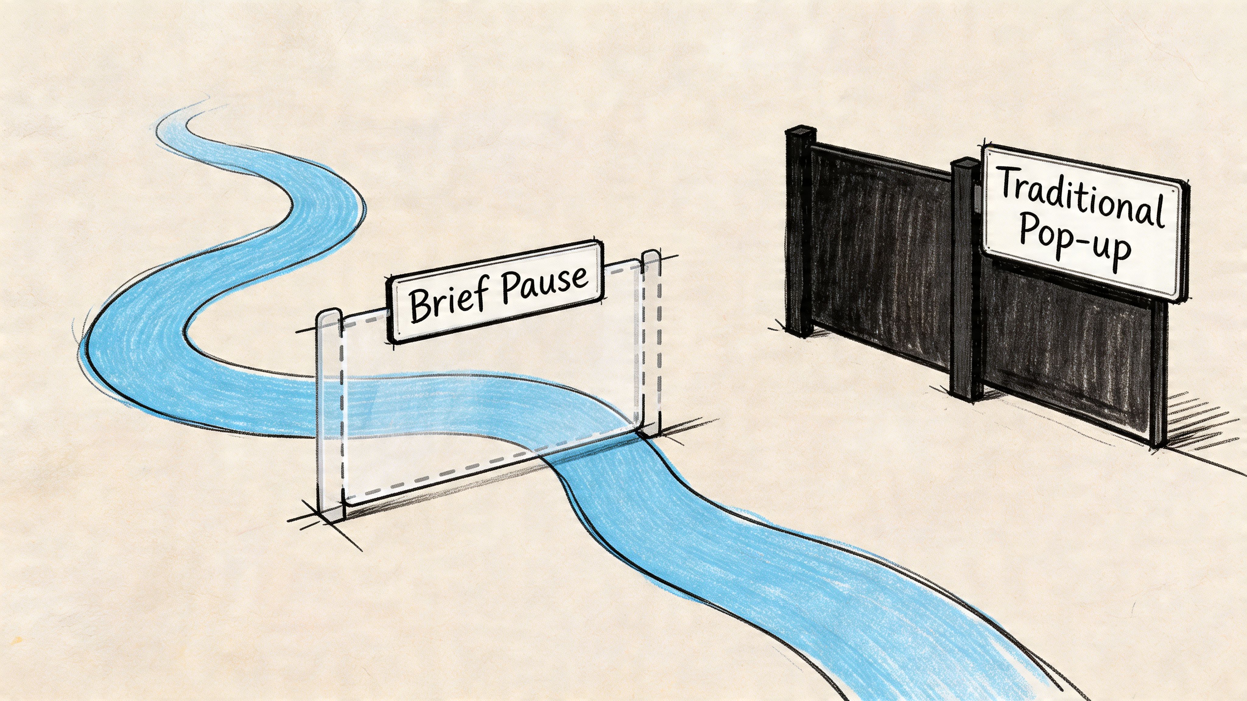 A conceptual illustration showing a blue river path flowing past a Brief Pause sign and a Traditional Pop-up barrier.
