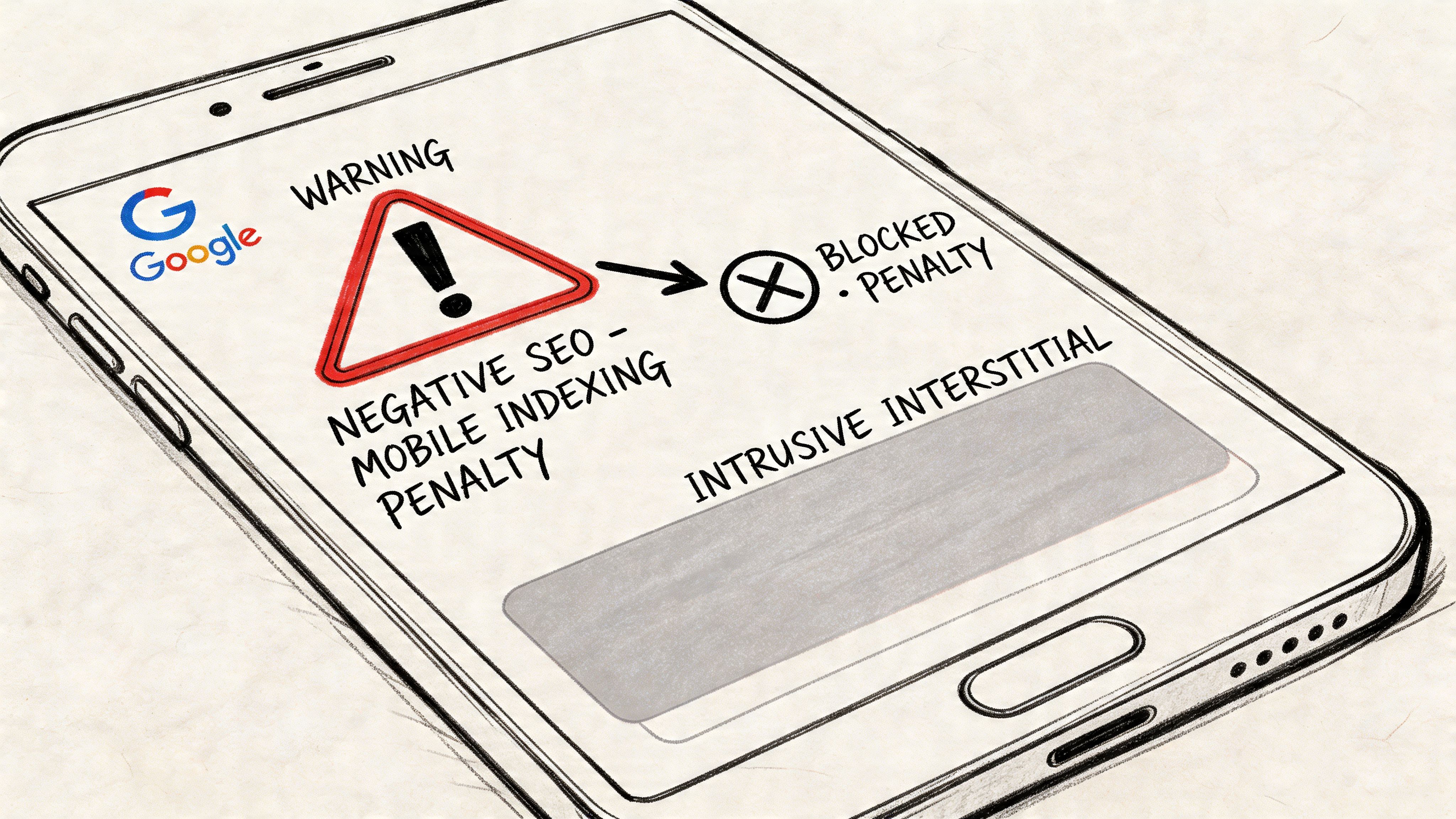 A digital illustration showing a mobile phone screen displaying a Google warning about intrusive interstitial mobile SEO penalties.