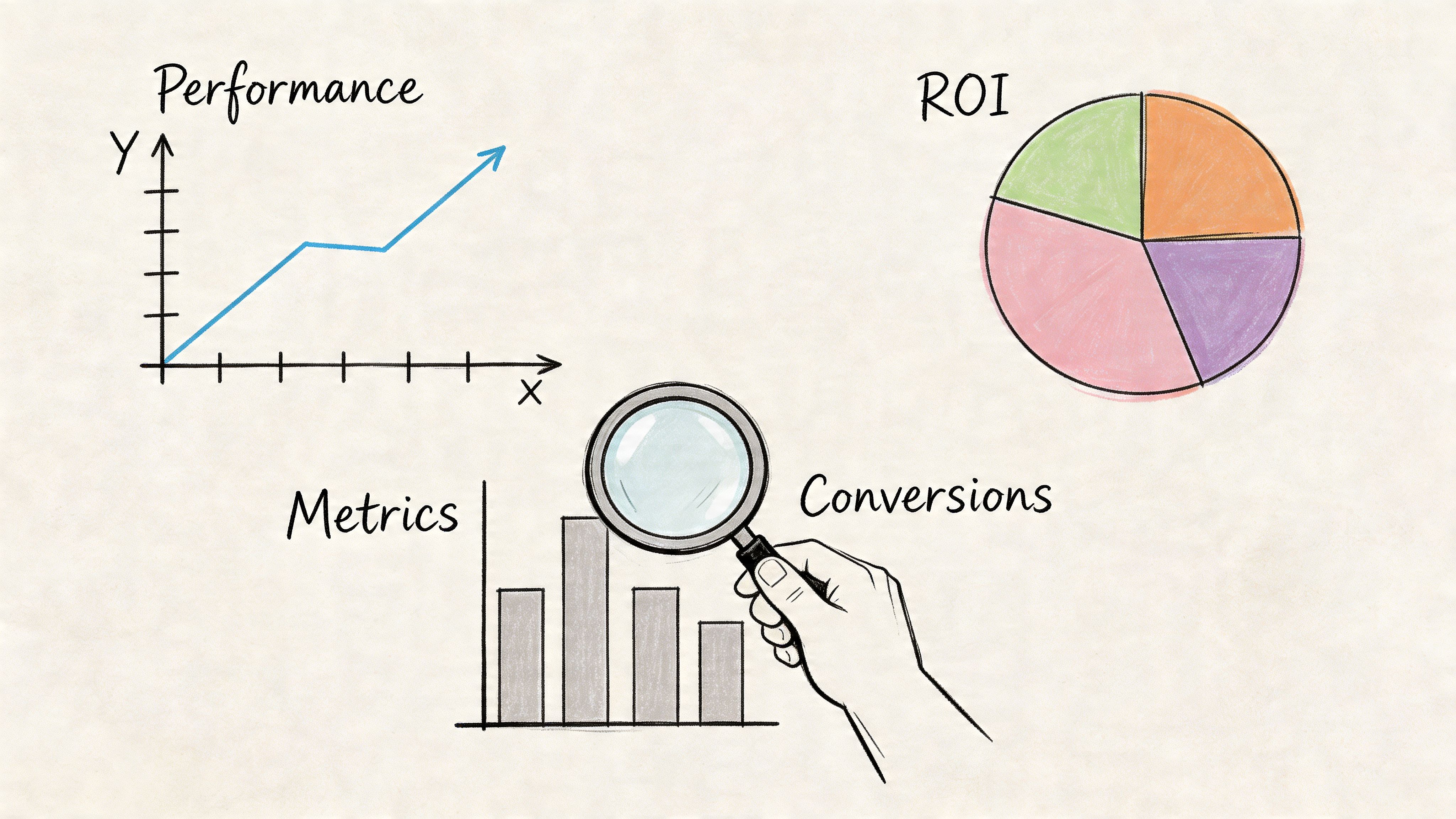 A hand holding a magnifying glass over a bar chart, next to a line graph and pie chart.