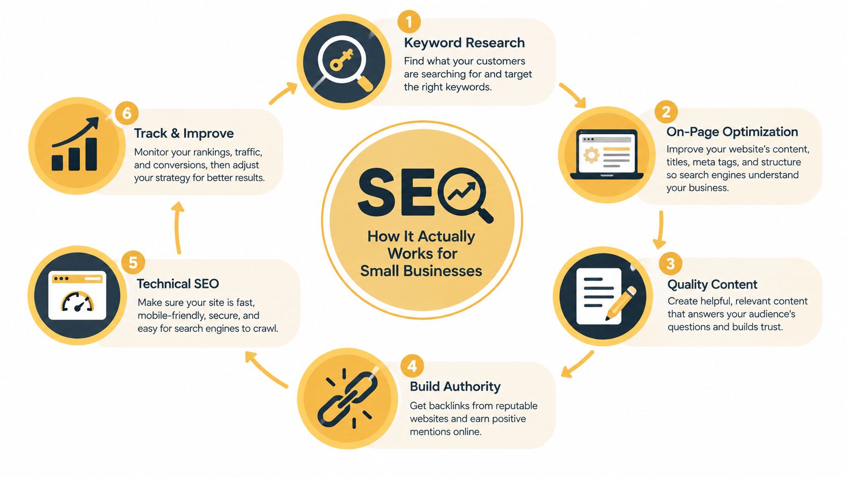 An infographic showing the six essential steps for SEO for small businesses in a circular flow.
