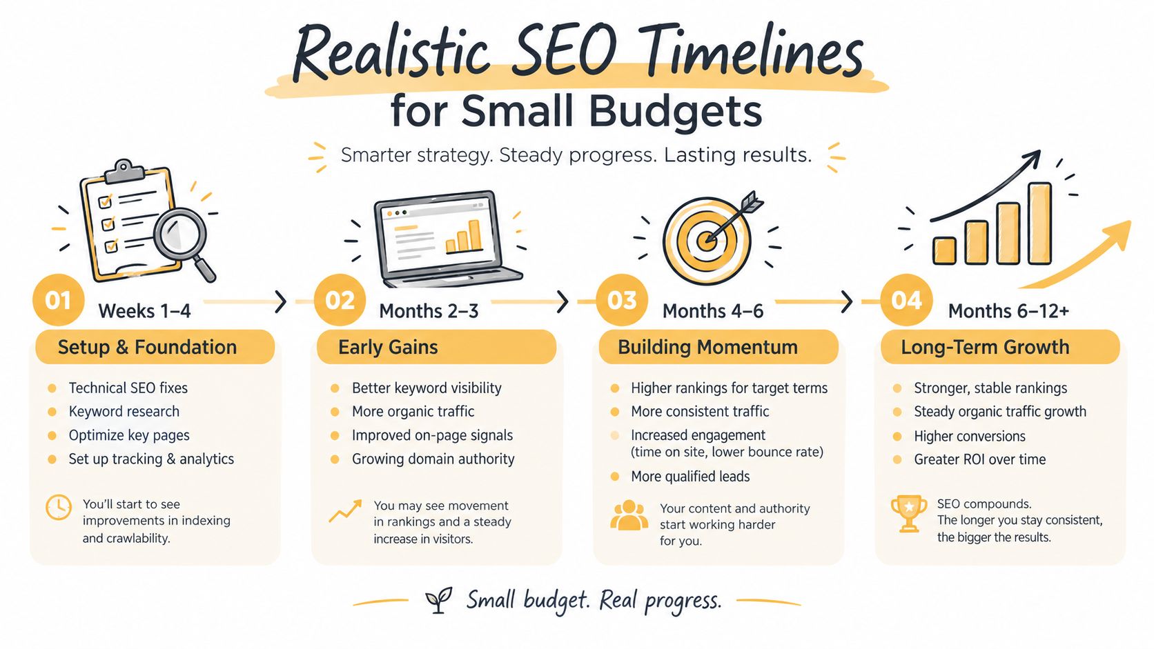 An infographic showing a realistic SEO timeline for small business budgets, from initial setup to long-term growth.