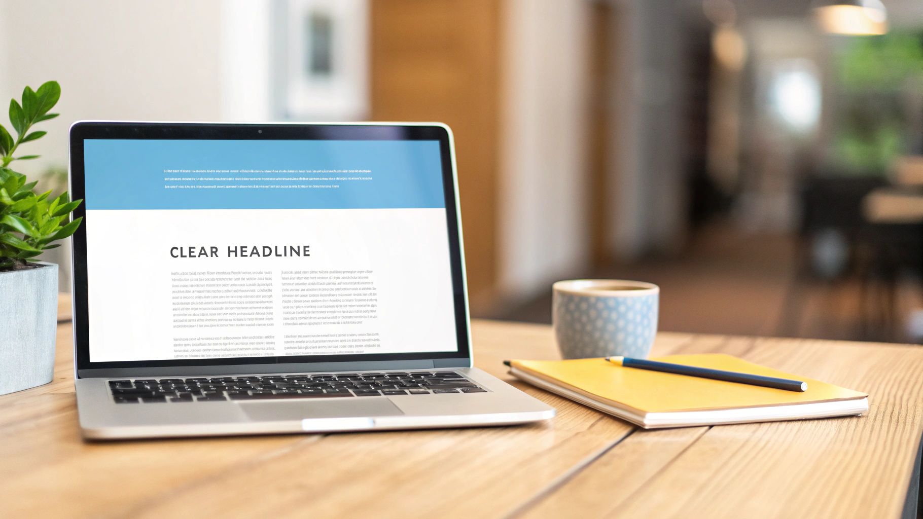 Laptop displaying a clear headline and text, next to a coffee cup, notebook, and plant on a wooden desk.