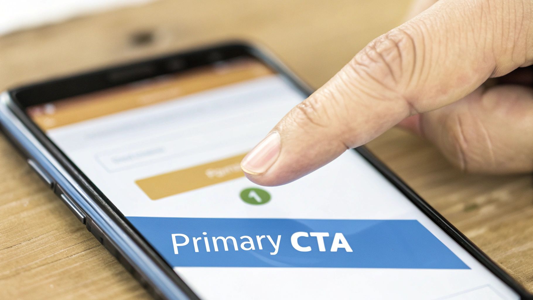 A finger points at a smartphone screen displaying a 'Primary CTA' button on a mobile app.
