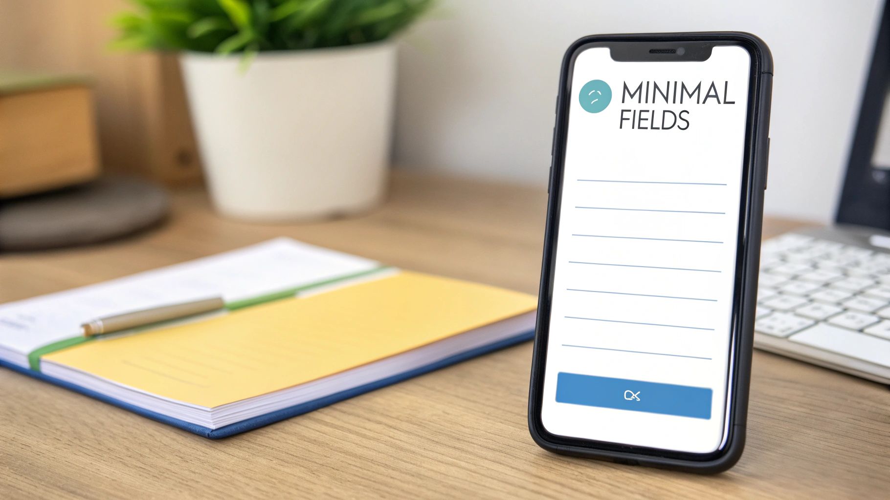 A smartphone displaying a minimalist app form with 'MINIMAL FIELDS' on a wooden desk with a notebook.