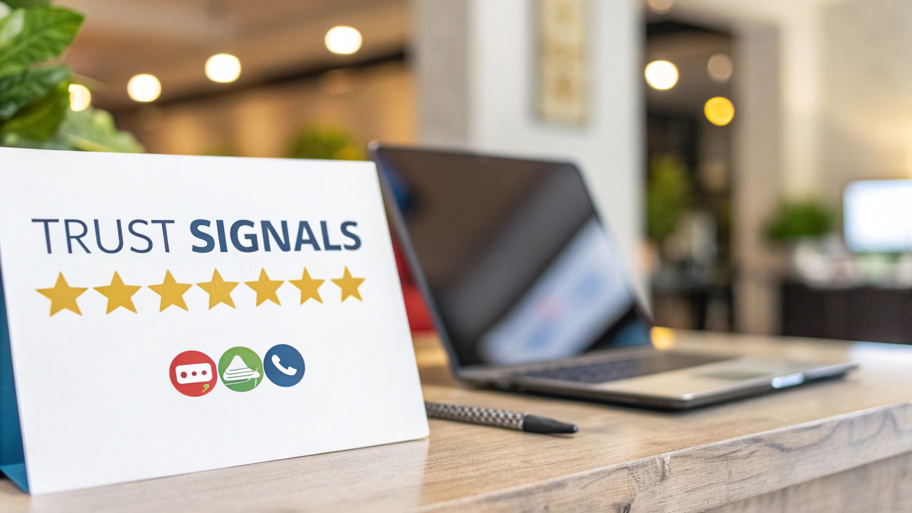A white card displays 'TRUST SIGNALS' with seven stars and communication icons beside a laptop.