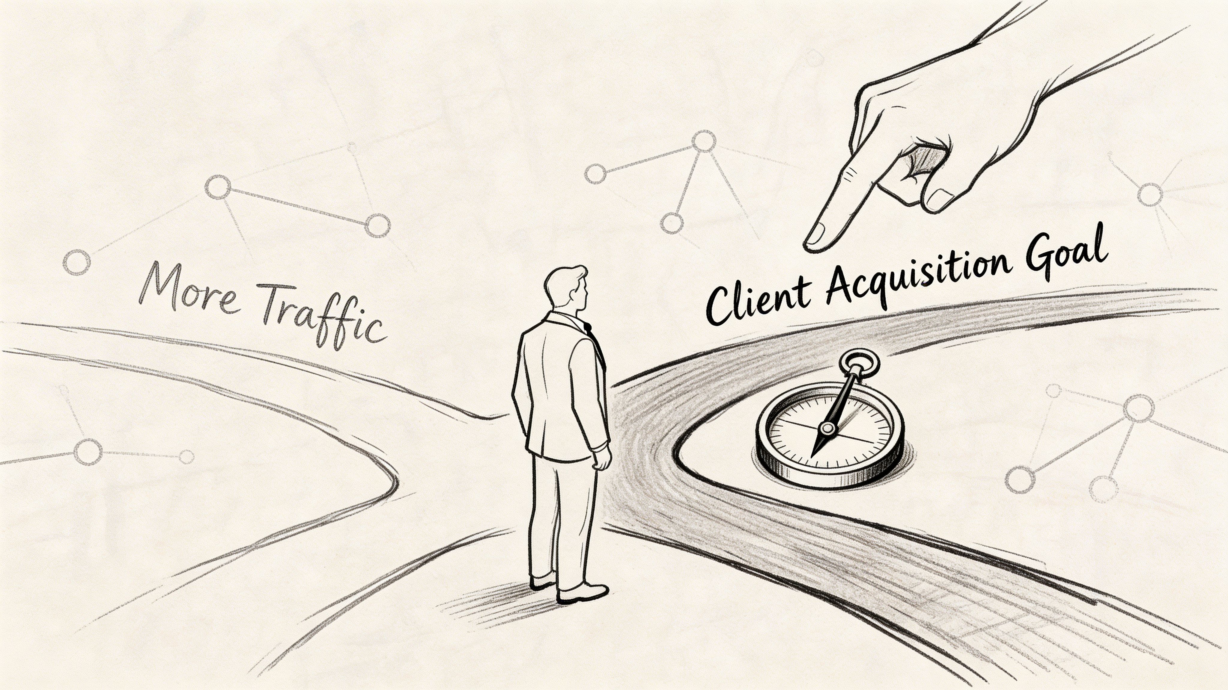 A businessman standing at a fork in the road choosing between more traffic and client acquisition goals.