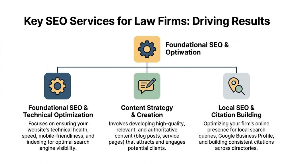 A diagram illustrating three key SEO services for law firms: technical optimization, content strategy, and local SEO.
