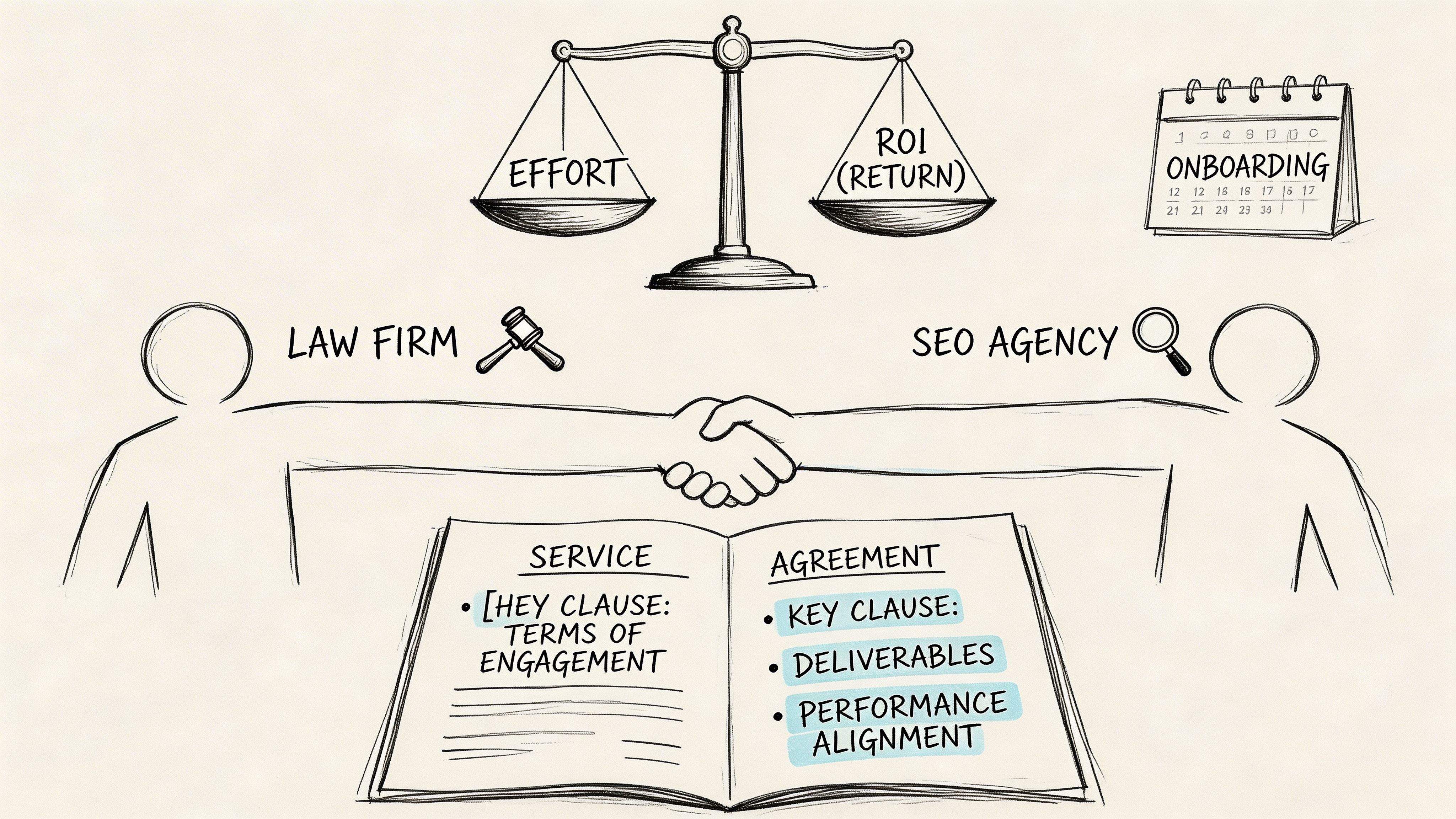 A conceptual sketch illustrating a partnership between a law firm and an SEO agency for service agreements.
