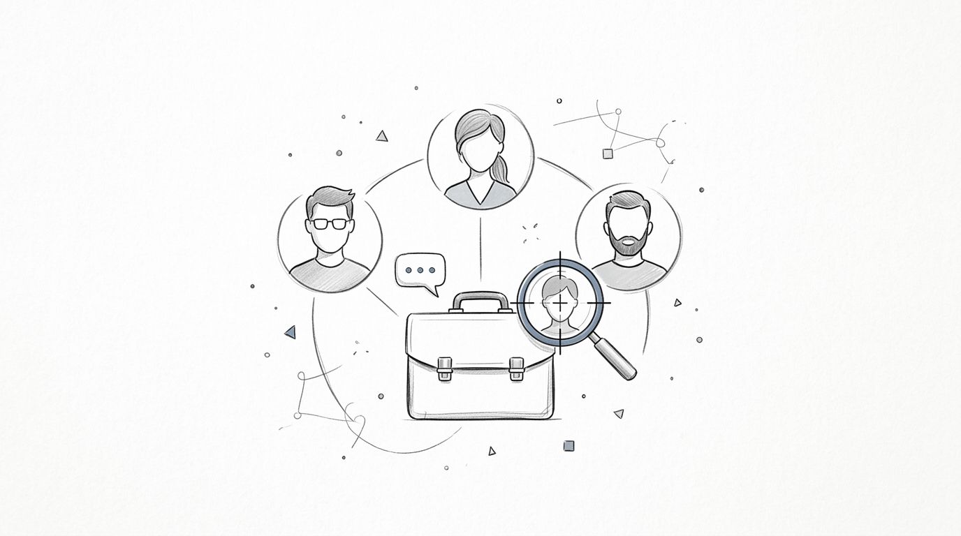 A hand-drawn illustration showing a briefcase connected to three professional people with a magnifying glass targeting a candidate.