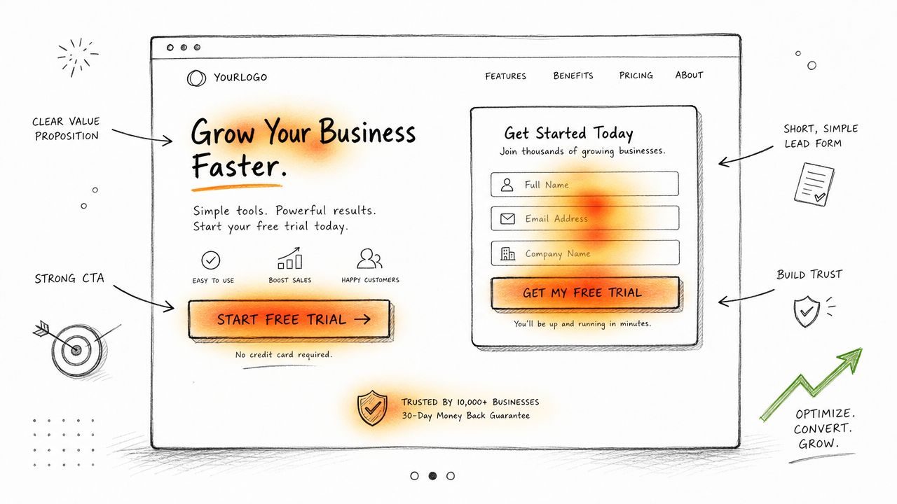 A hand-drawn wireframe mockup of a high-converting website landing page highlighting essential lead generation elements.
