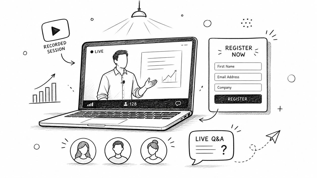 A hand-drawn illustration showing a laptop streaming a live presentation, a registration form, and Q&A chat.