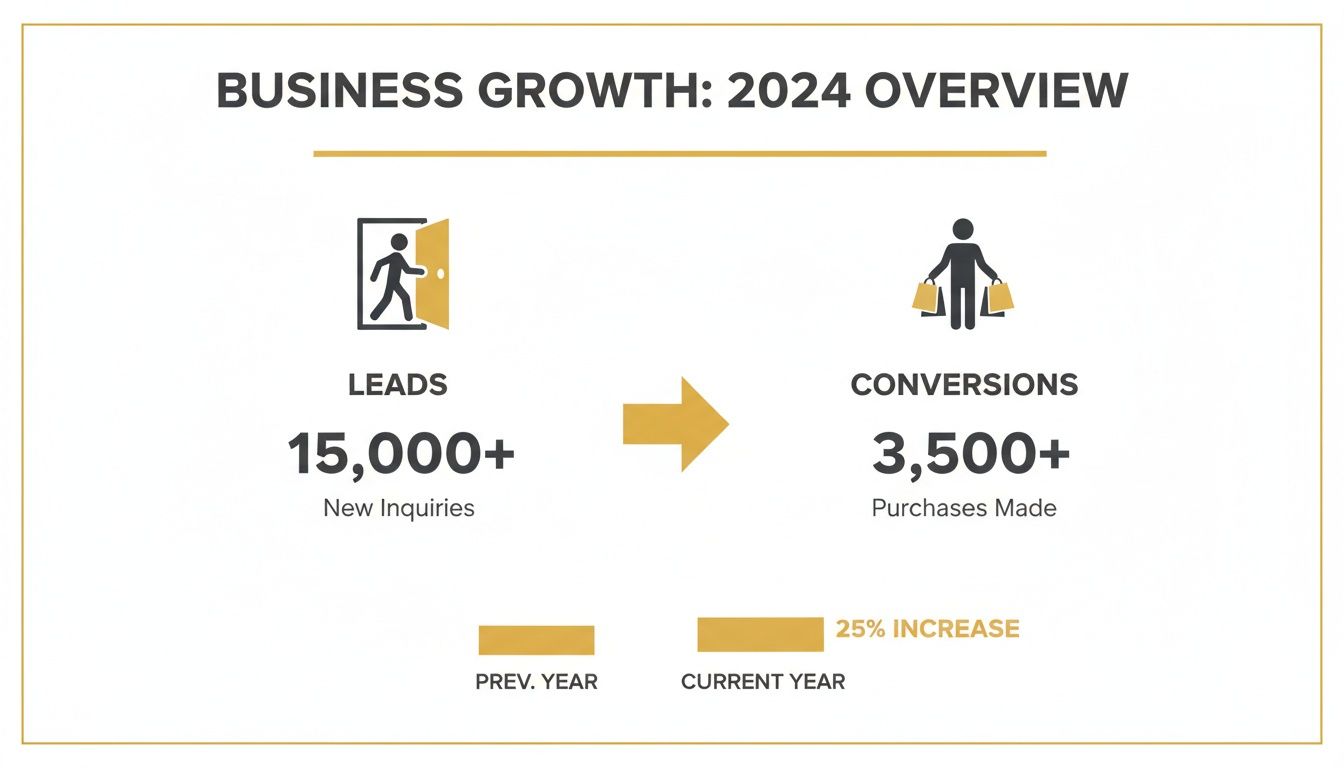 2024 business growth overview displaying 15,000+ leads, 3,500+ conversions, and a 25% increase.