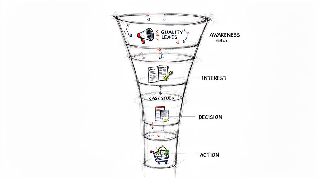 A hand-drawn marketing funnel illustrating stages: Awareness, Interest, Case Study, Decision, and Action with icons.