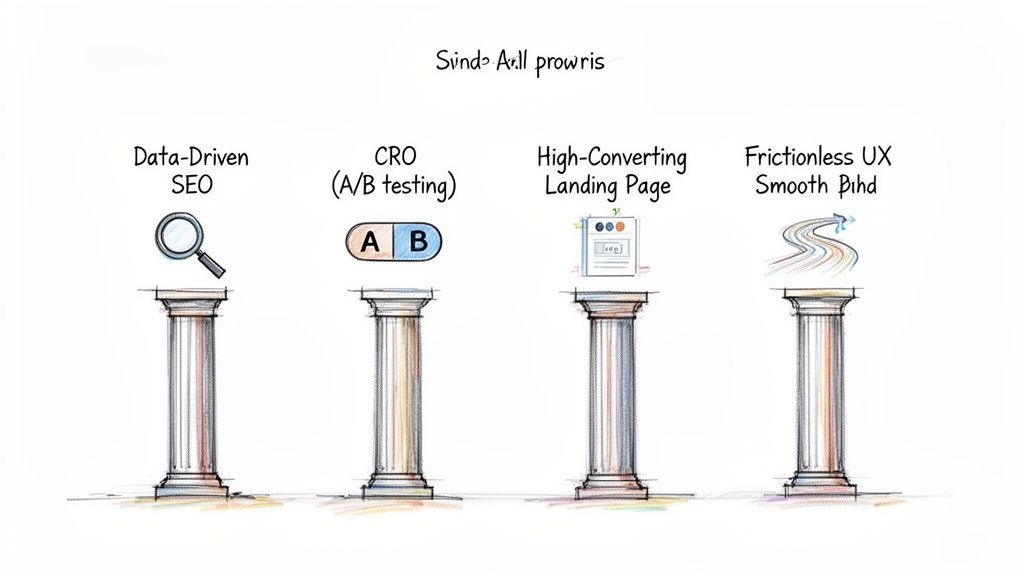 Four pillars symbolizing Data-Driven SEO, CRO, high-converting landing page, and frictionless UX.