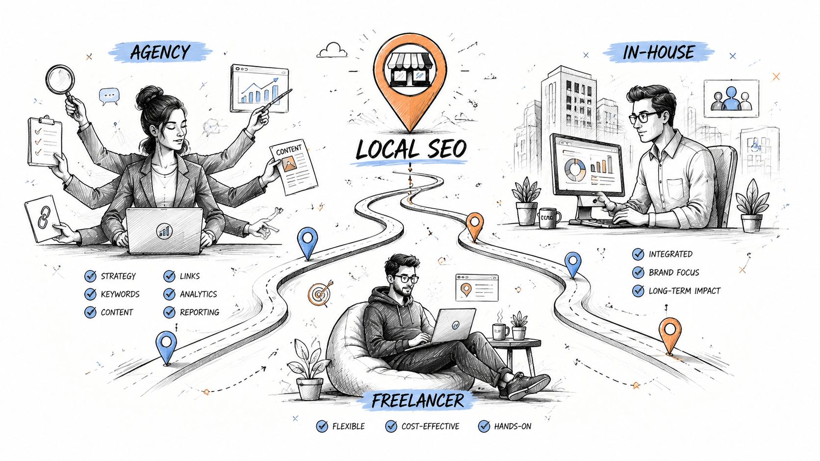 A hand-drawn illustration comparing agency, in-house, and freelance options for managing local SEO business strategies.