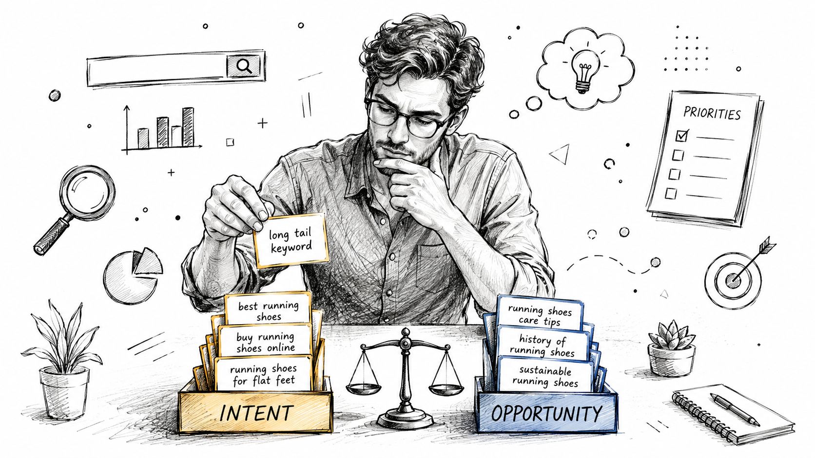 A man thoughtfully organizing search keywords into intent and opportunity categories on a desk with balancing scales.