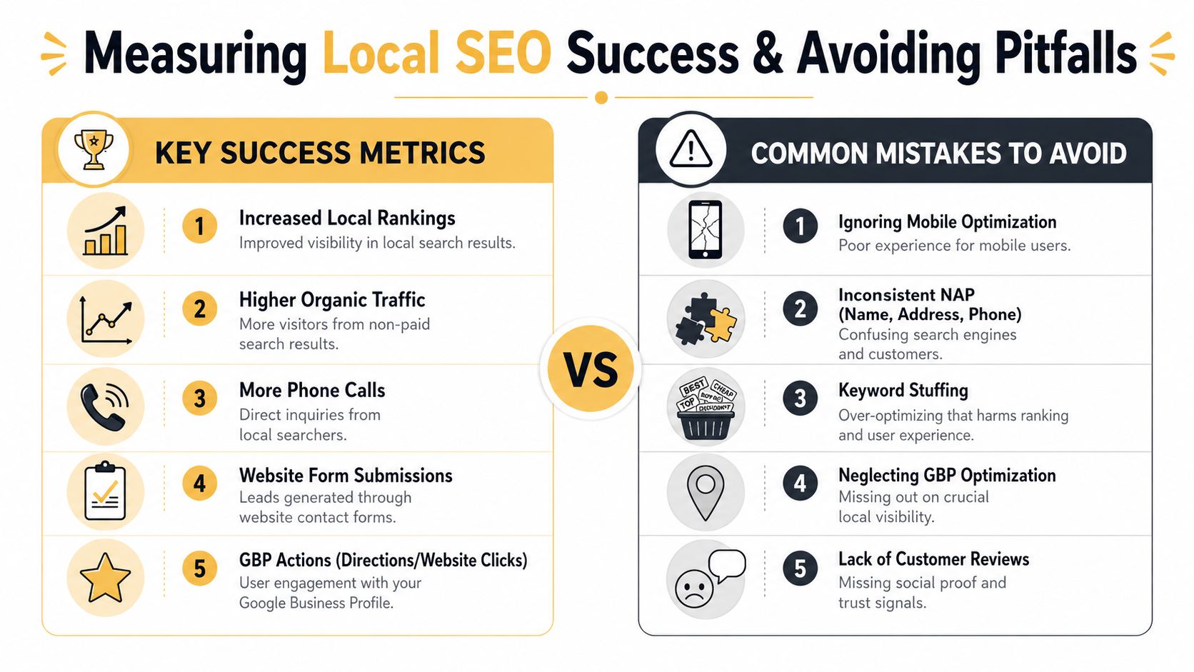 An infographic comparing key metrics for local SEO success against common mistakes to avoid in business.