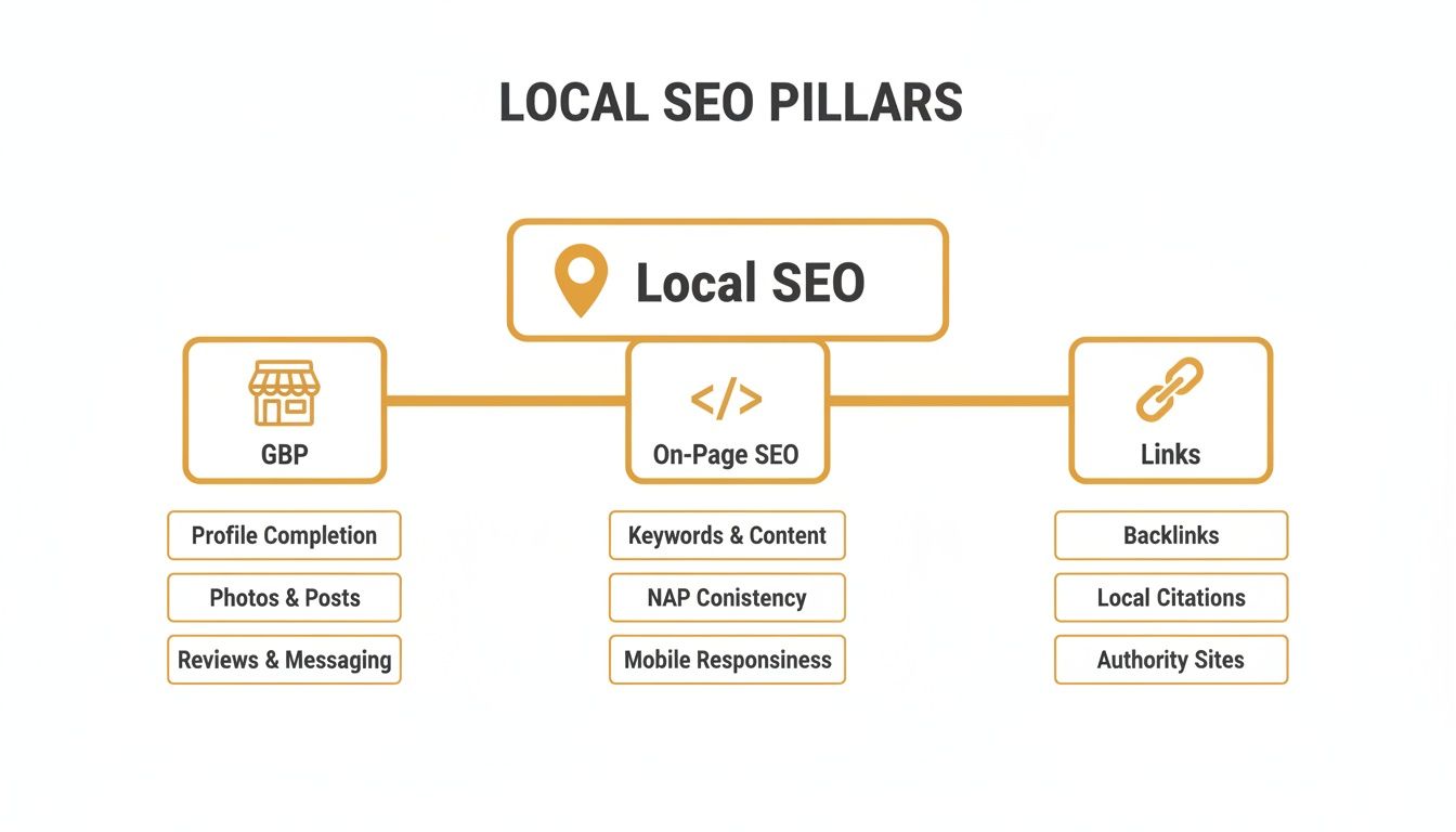 A diagram outlining the key pillars of Local SEO, including Google Business Profile, On-Page SEO, and Links.