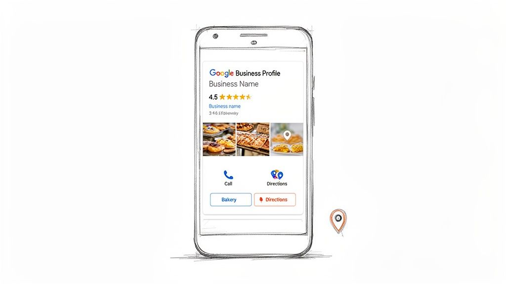 A sketched smartphone displays a Google Business Profile for a bakery, showing ratings, address, photos, and contact options.