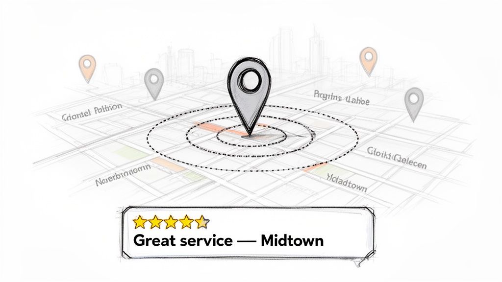 A hand-drawn map illustrating a business location, service radius, and a 5-star customer review.
