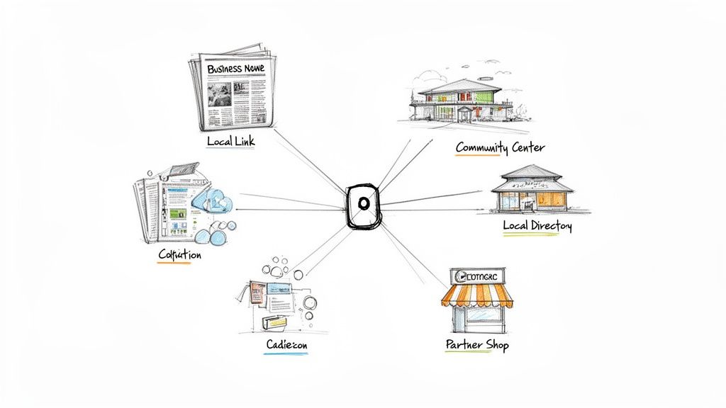 Diagram showing a central hub connected to various local businesses, directories, news, and community centers.