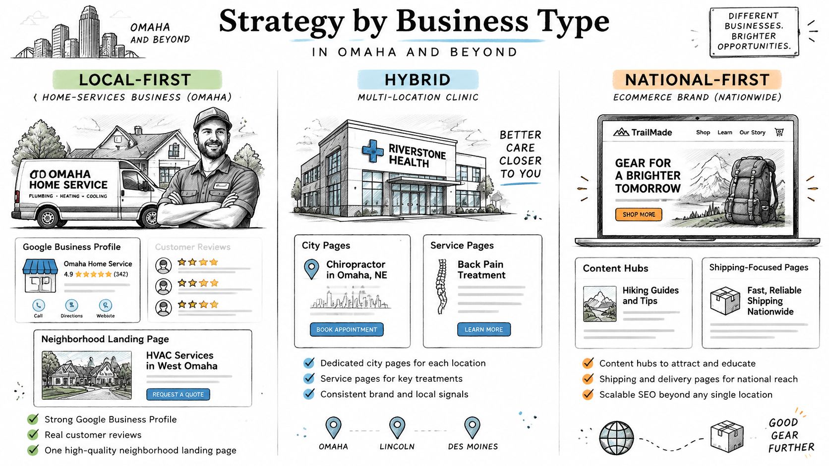 An infographic showing SEO strategies for local, hybrid, and national business models in Omaha and beyond.