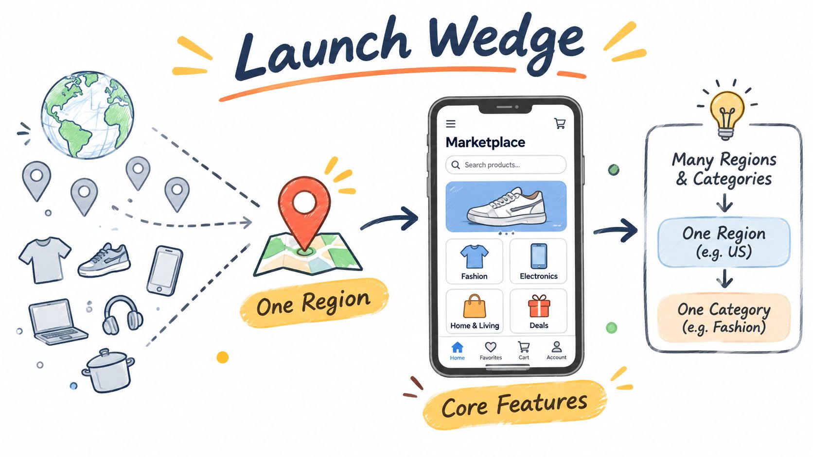 An infographic illustrating the Launch Wedge strategy for starting a marketplace app in one specific niche region.