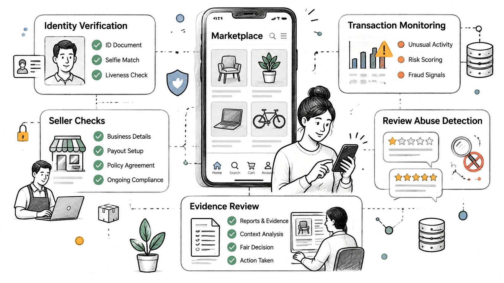 A diagram illustrating the security and trust features of a digital marketplace app development process.