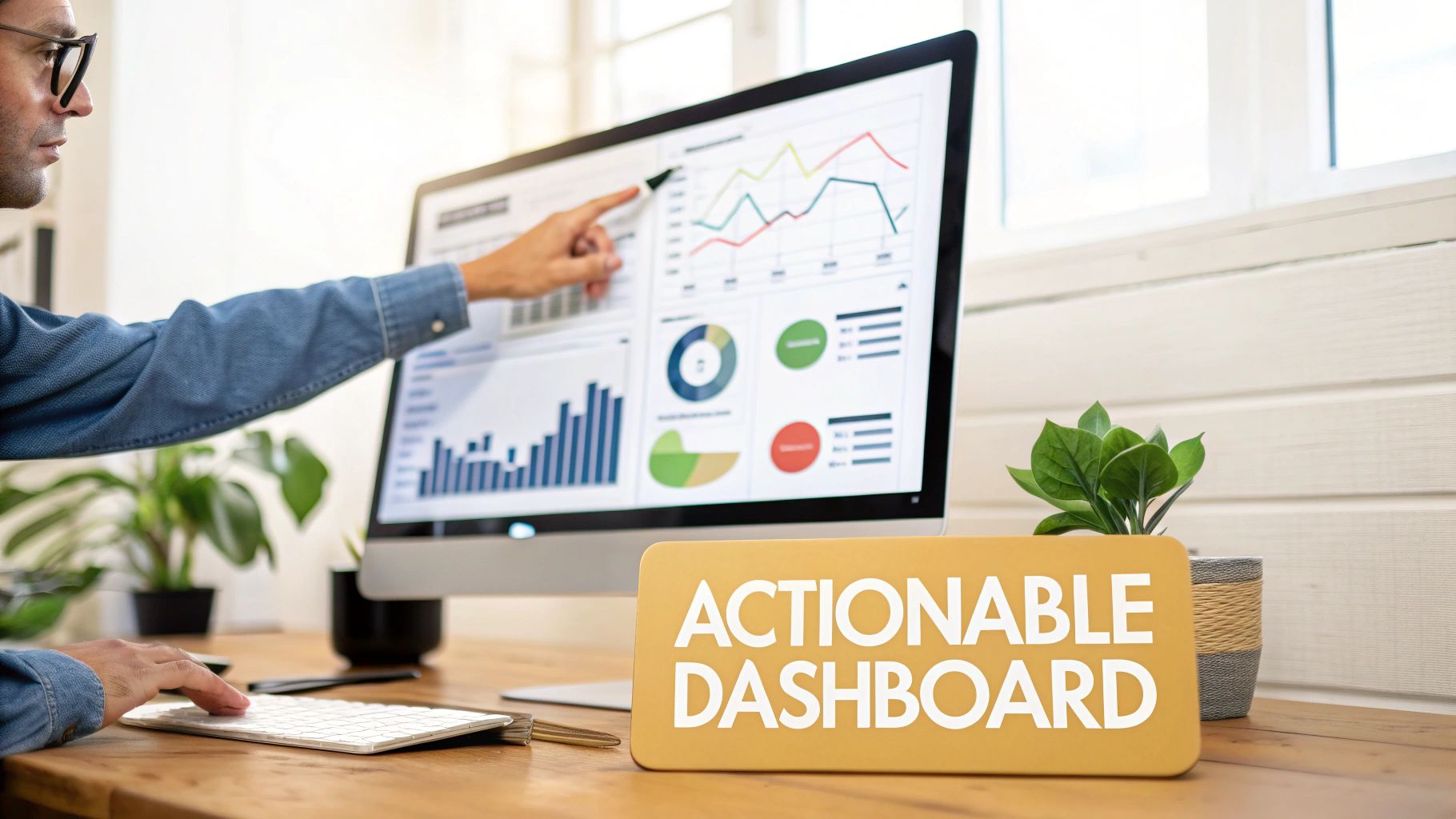 Professional analyzes a comprehensive digital marketing performance dashboard on a computer screen.