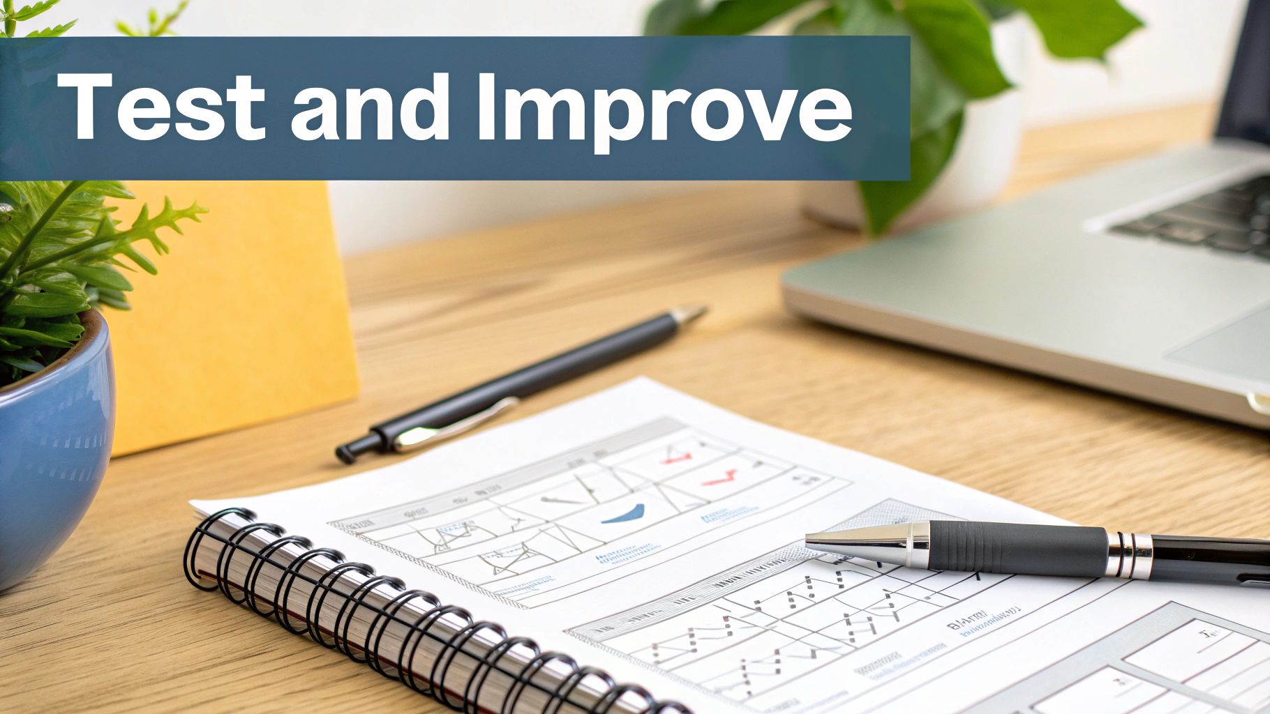 A desk setup with a notebook displaying graphs, pens, laptop, and a banner saying 'Test and Improve'.