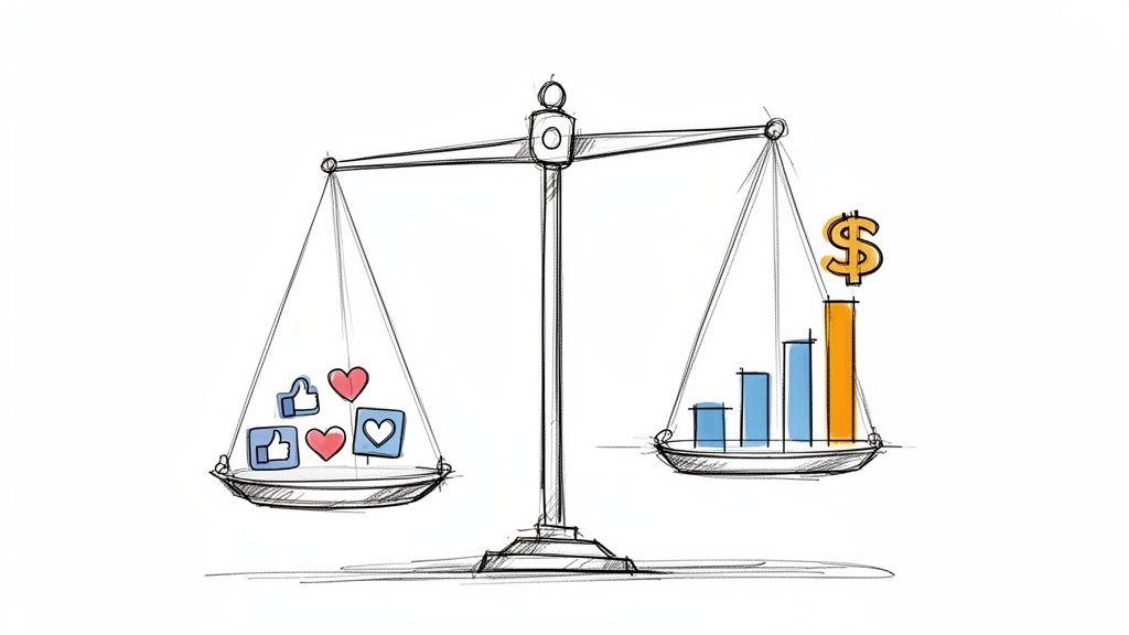 A scale balances social media engagement (likes, hearts) against financial returns (dollar sign, bar chart).