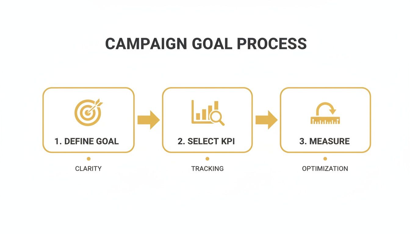 A three-step process diagram illustrating campaign goal definition, KPI selection, and measurement for optimization.