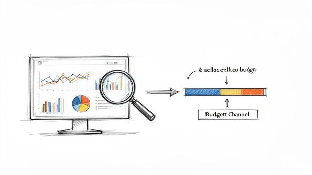 Computer screen showing charts and graphs, with a magnifying glass, indicating data analysis for budget reallocation.