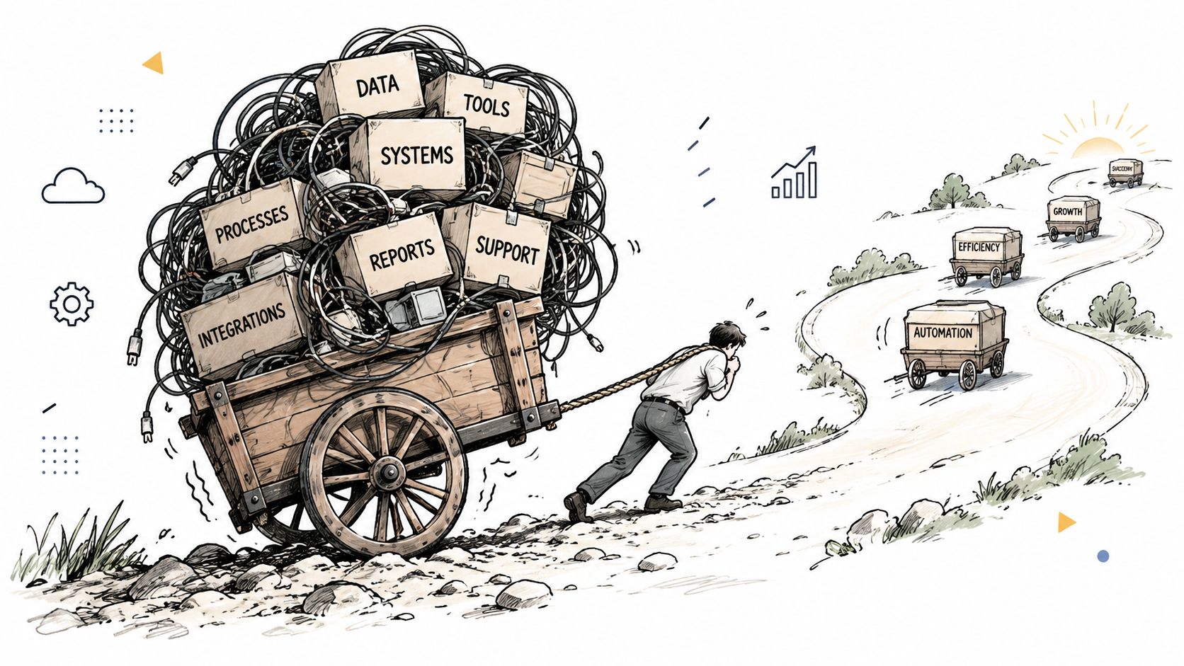 A person struggling to pull a heavy, cluttered wooden cart filled with tangled technology and business operations.