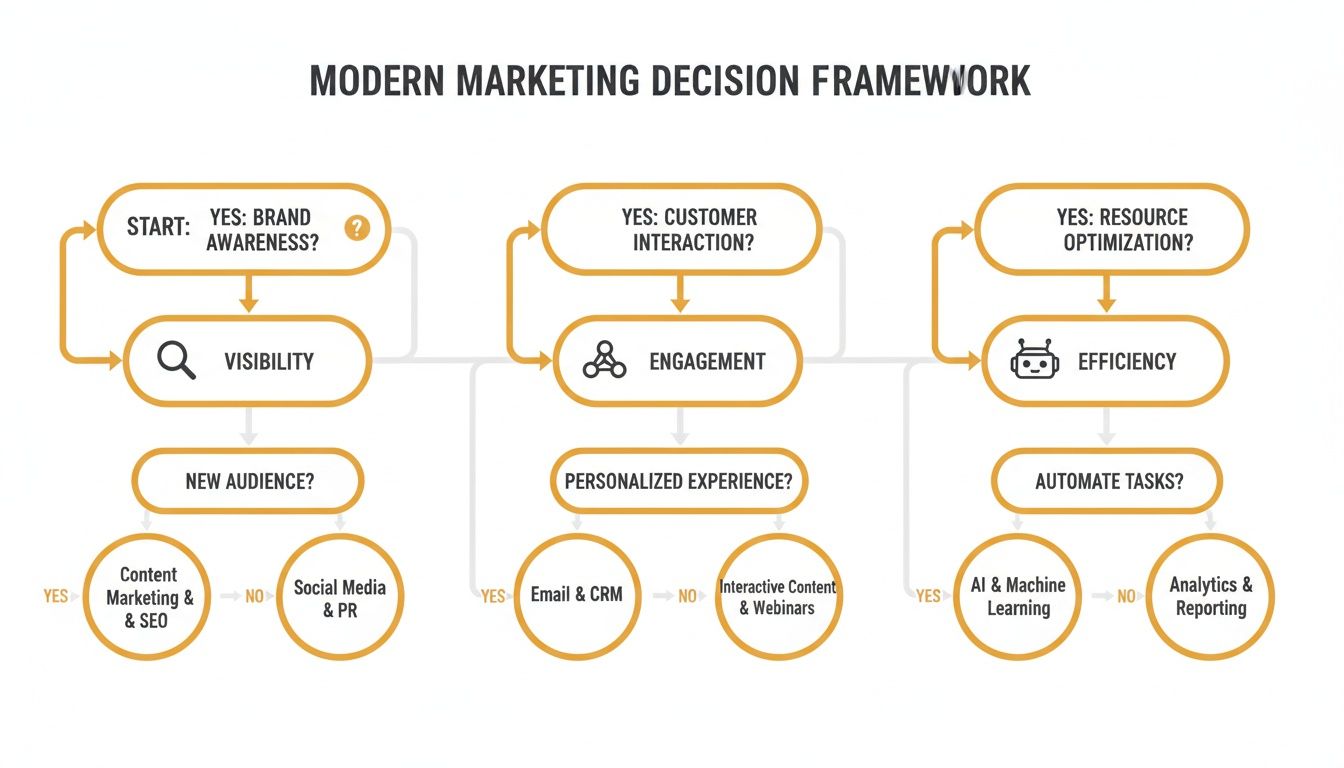A modern marketing decision framework flowchart showing strategies for visibility, engagement, and efficiency.