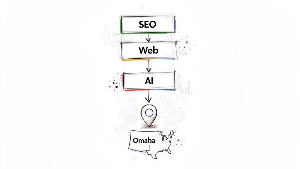 Flowchart illustrating the progression from SEO, Web, and AI concepts leading to Omaha, Nebraska.