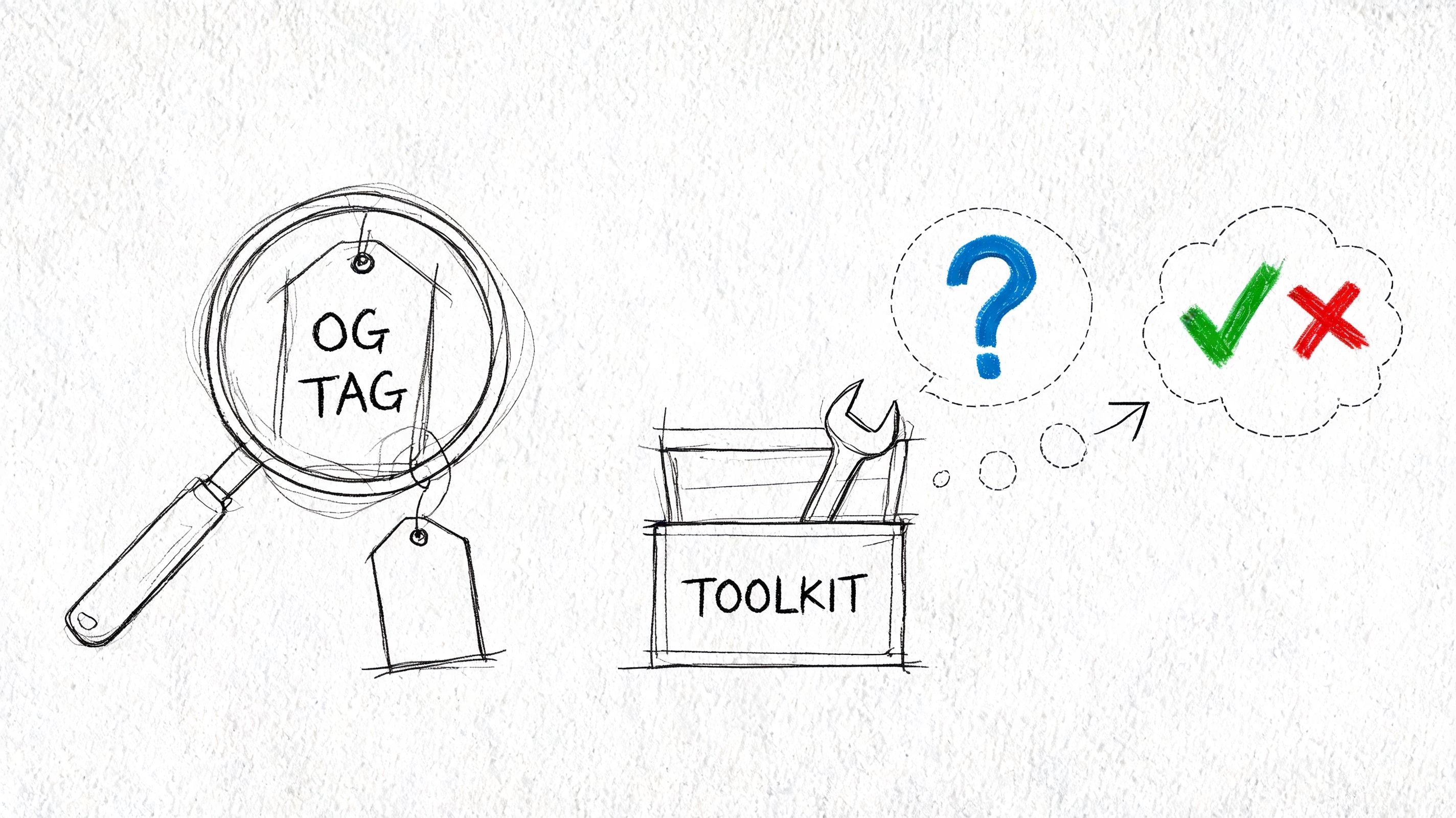 A hand-drawn illustration showing a magnifying glass examining an open graph tag and a toolkit for analysis.