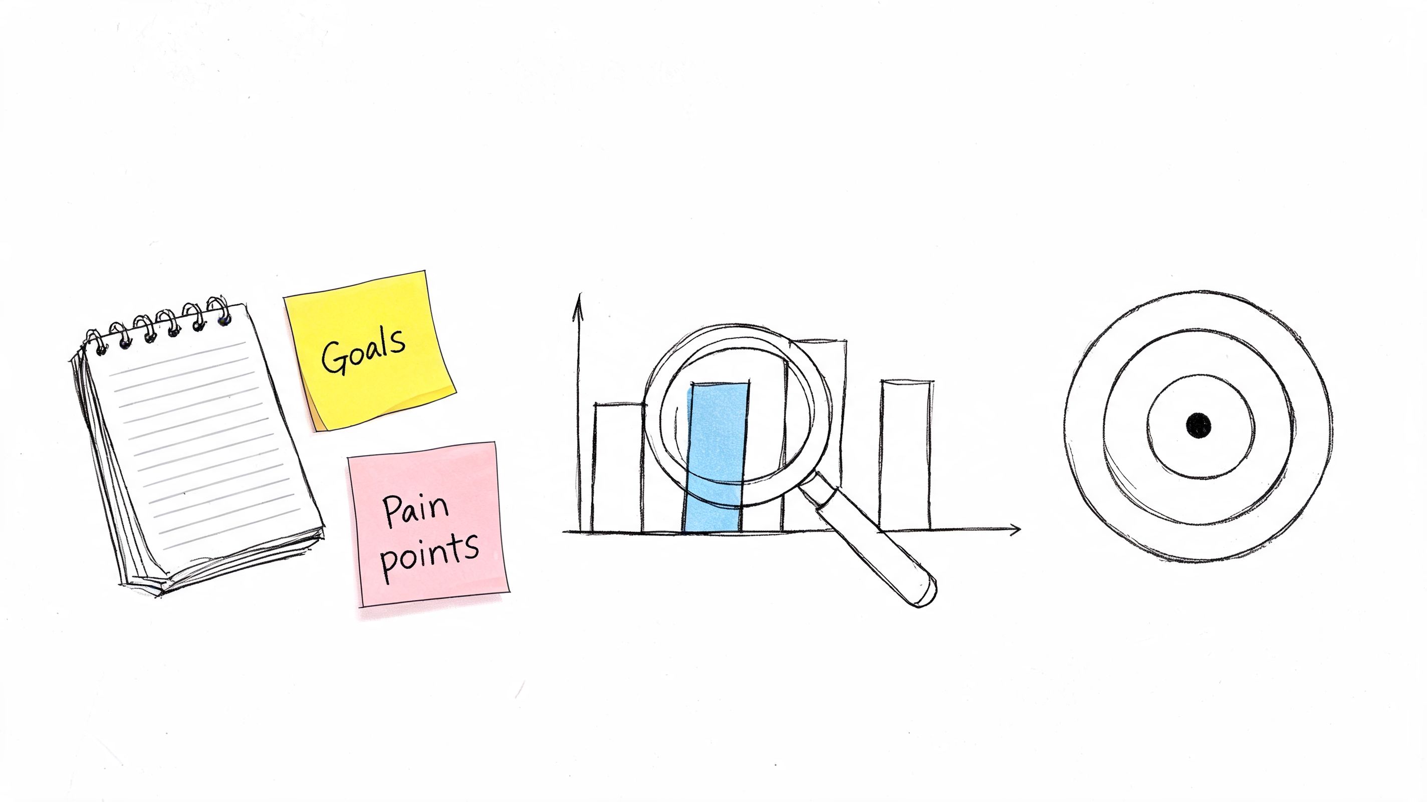 A notepad with sticky notes labeled goals and pain points next to a magnifying glass over a chart.