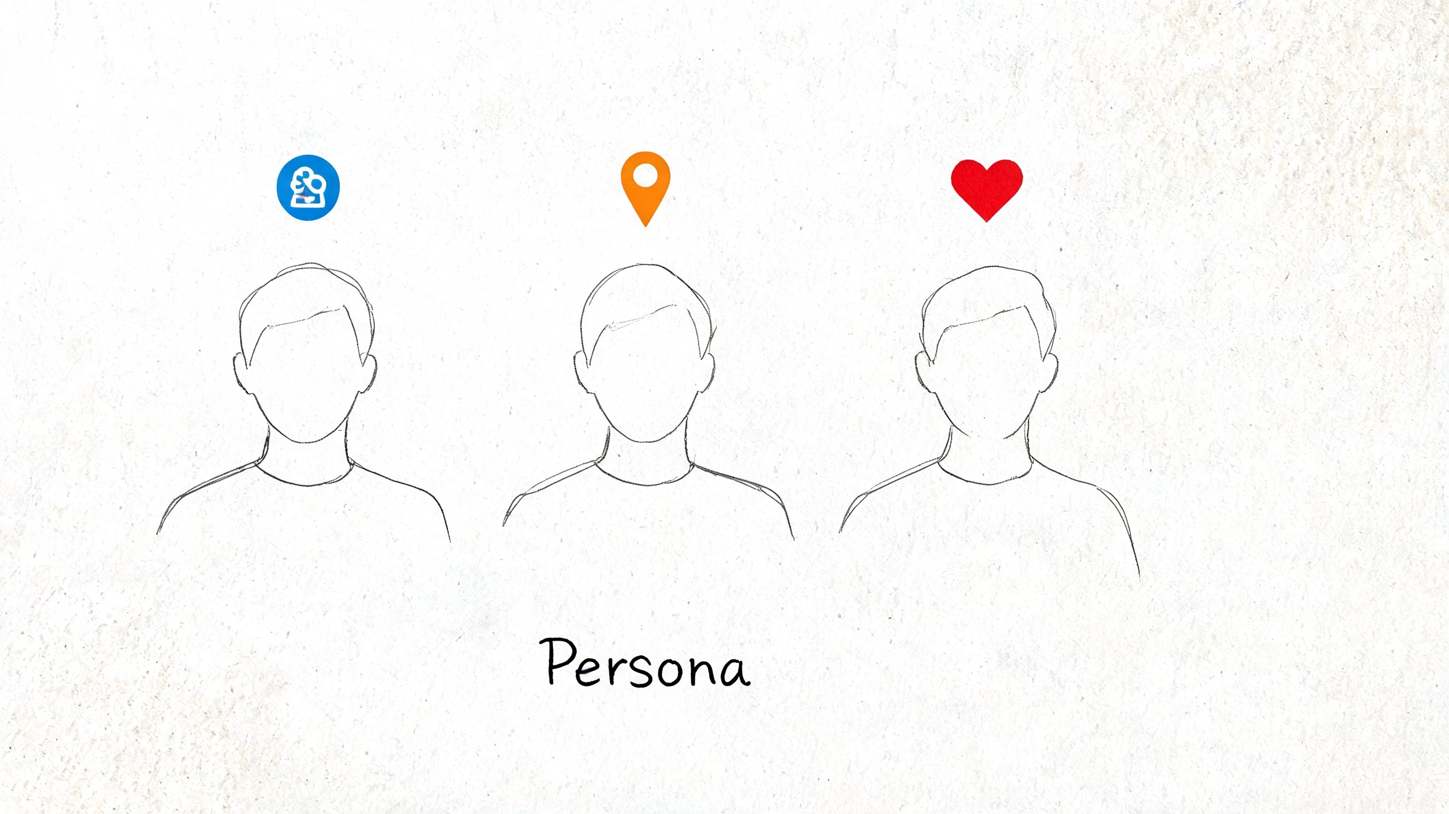 A line art illustration featuring three empty human silhouettes representing personas with icons above their heads.