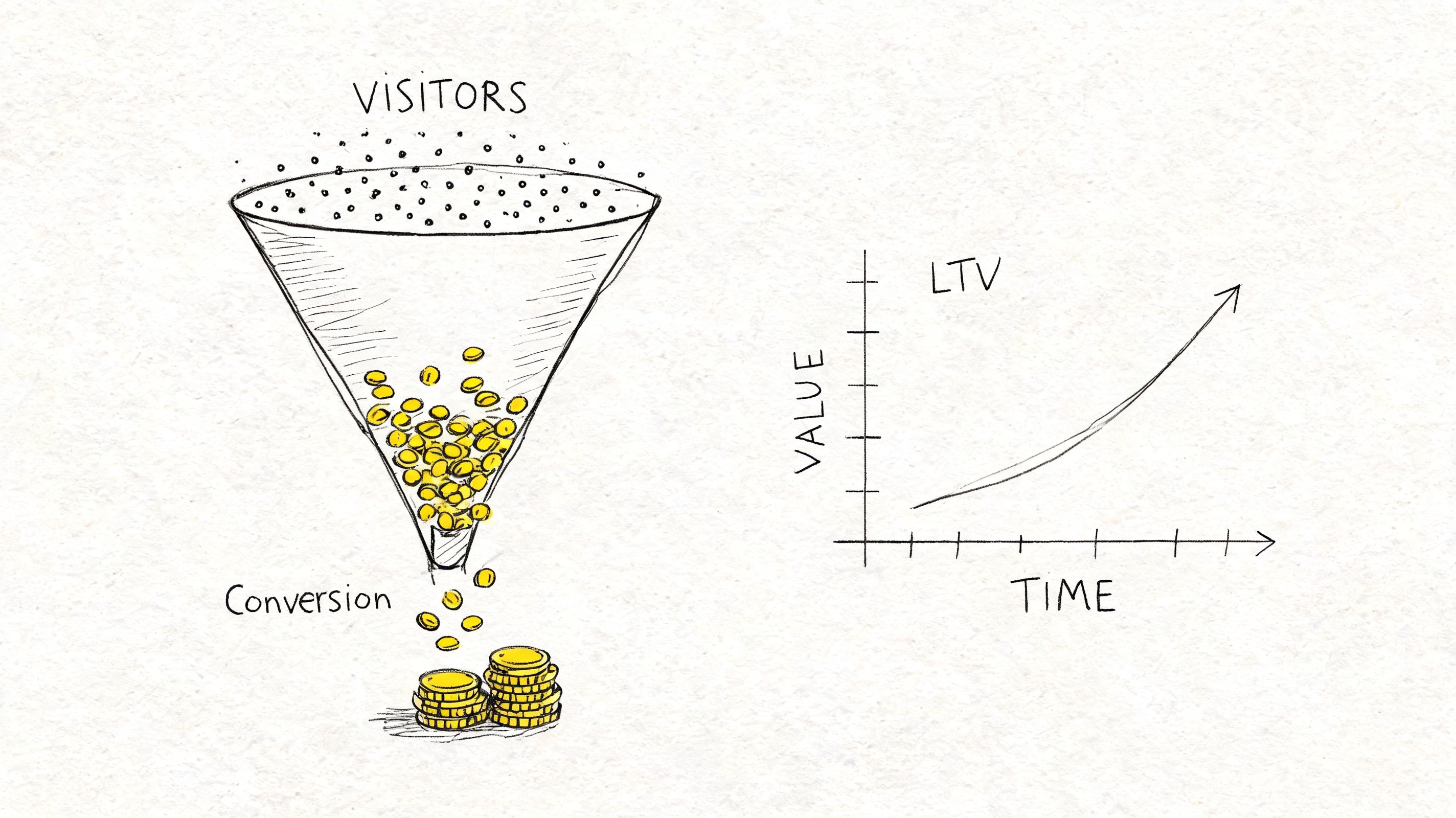 A conceptual diagram showing a visitor funnel leading to financial conversions and an upward LTV chart.