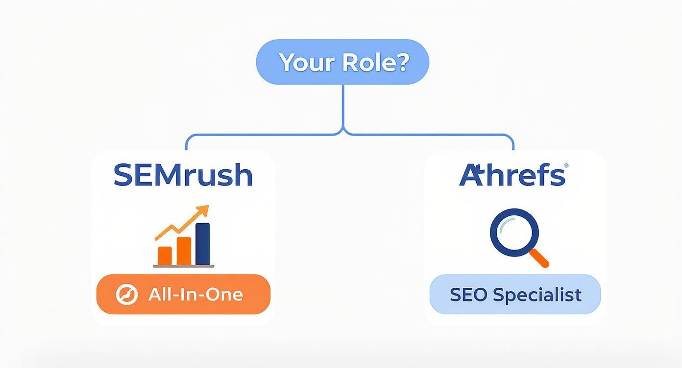 Infographic showing a decision tree for choosing between SEMrush and Ahrefs based on your role.