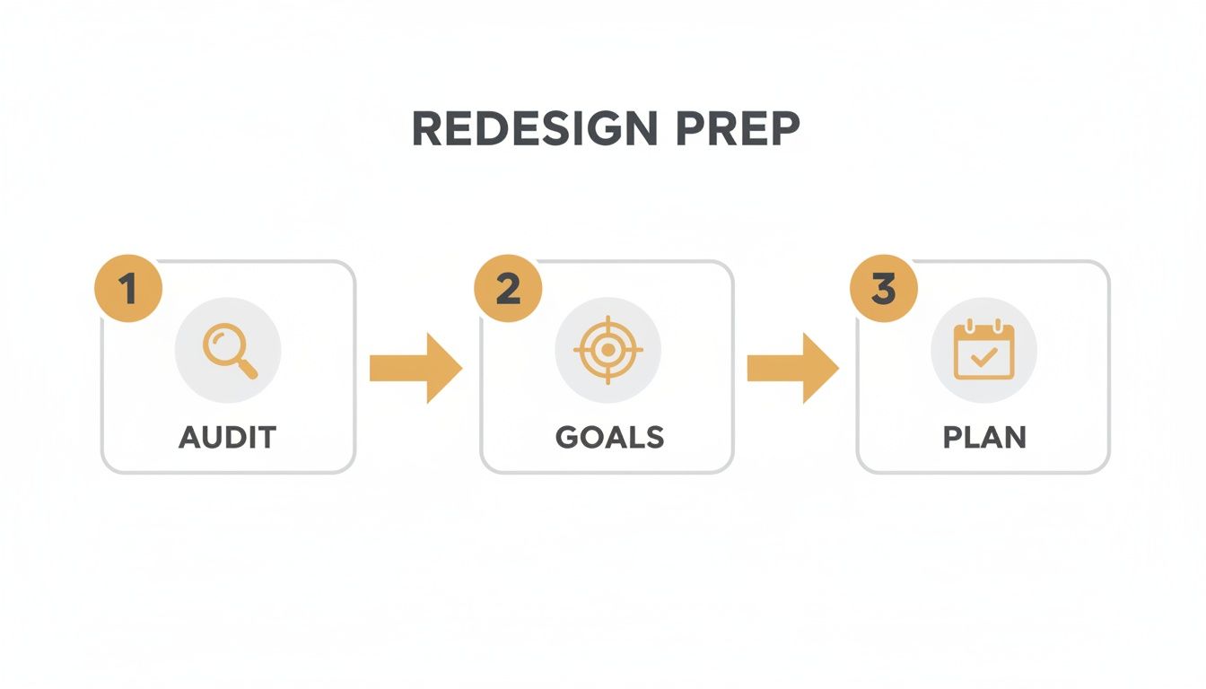 A clear infographic outlining the three-step redesign preparation process: Audit, Goals, and Plan.