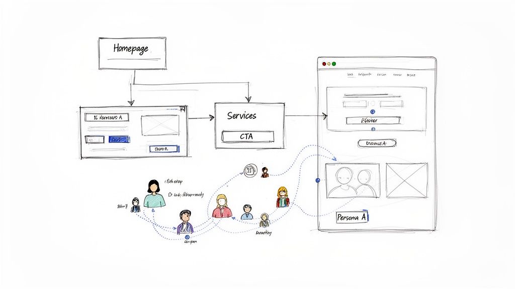 Hand-drawn user flow diagram illustrating website pages, services, and persona interactions in a UX design.